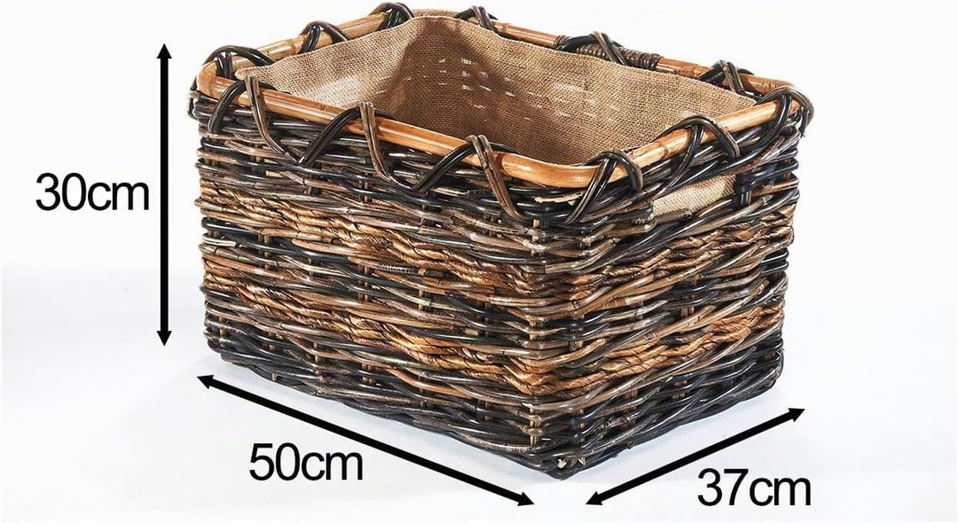 Kobolo Holztrage Holzkorb für Kaminholz eckig - Rattan und Bananenblatt - mit Jutestoff ausgestattet