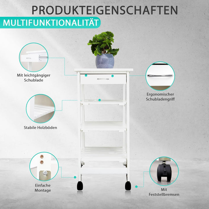 DRULINE Servierwagen Beistellwagen 37x37x76 cm, Multifunktionaler Küchentrolley mit 3 Ebenen, Mobile