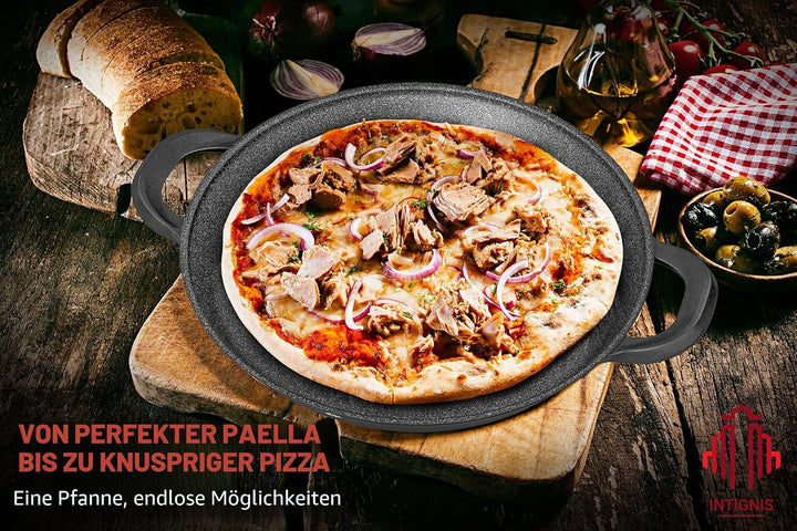 INTIGNIS Paellapfanne mit Glasdeckel 36cm• GREBLON® Keramik-Antihaft • Für alle Herdarten inkl. Indu