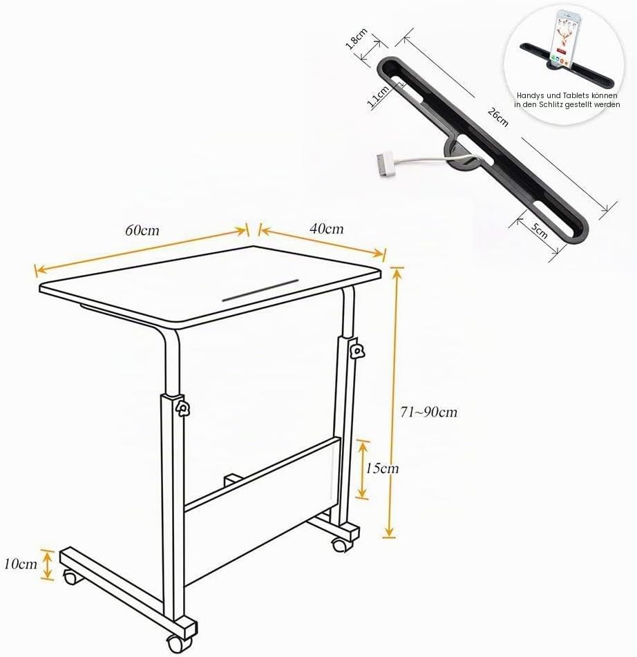 SogesHome Laptoptisch 60 * 40cm Beistelltisch auf Rollen Betttisch höhenverstellbar PC-Tisch mit Rol