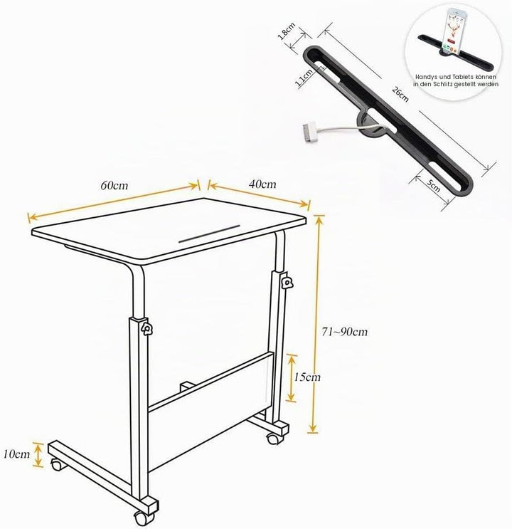 SogesHome Laptoptisch 60 * 40cm Beistelltisch auf Rollen Betttisch höhenverstellbar PC-Tisch mit Rol
