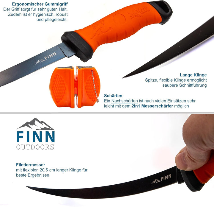Filetiermesser Set Edelstahl Angelmesser, Fischmesser, Küchenmesser, Ausbeinmesser mit 2in1 Messersc