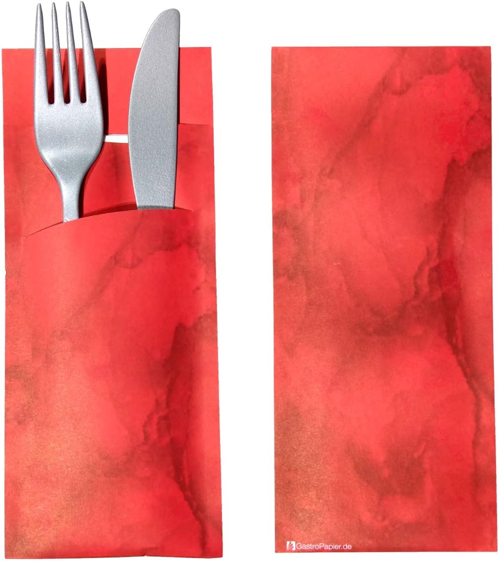 520 Bestecktaschen mit Serviette rot marmoriert 20 cm 520 Stück Rot, 520 Stück Rot