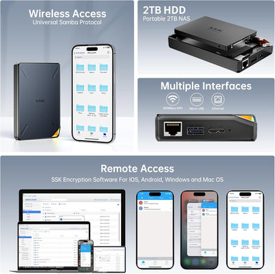 SSK Portable External Wireless NAS Hard Drive 1TB Personal Cloud Smart Storage with Own WiFi Hotspot