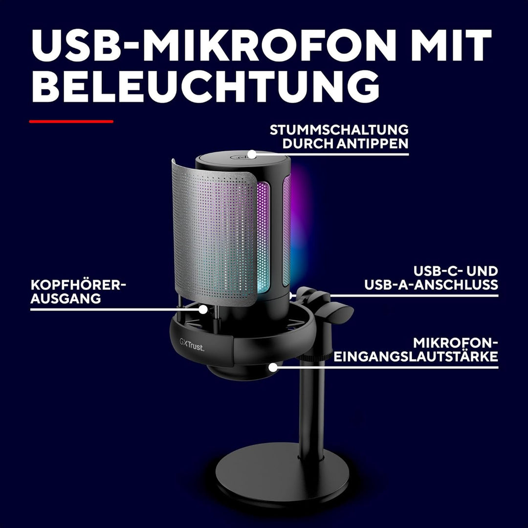 GXTrust Ruan USB Gaming Mikrofon mit RGB Beleuchtung, Schwarz | Nierencharakteristik, Pop-Filter, St