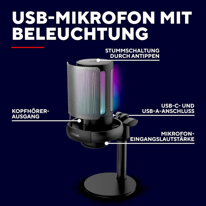 GXTrust Ruan USB Gaming Mikrofon mit RGB Beleuchtung, Schwarz | Nierencharakteristik, Pop-Filter, St