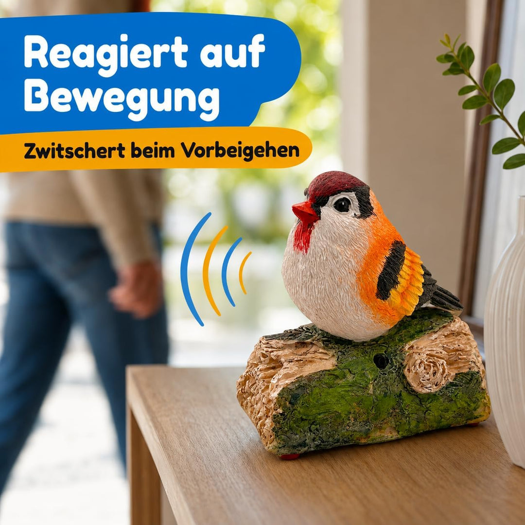 MIJOMA Dekovogel mit Vogelgezwitscher & Bewegungsmelder – Zwitschernder Vogel auf AST, Handbemalt, 1