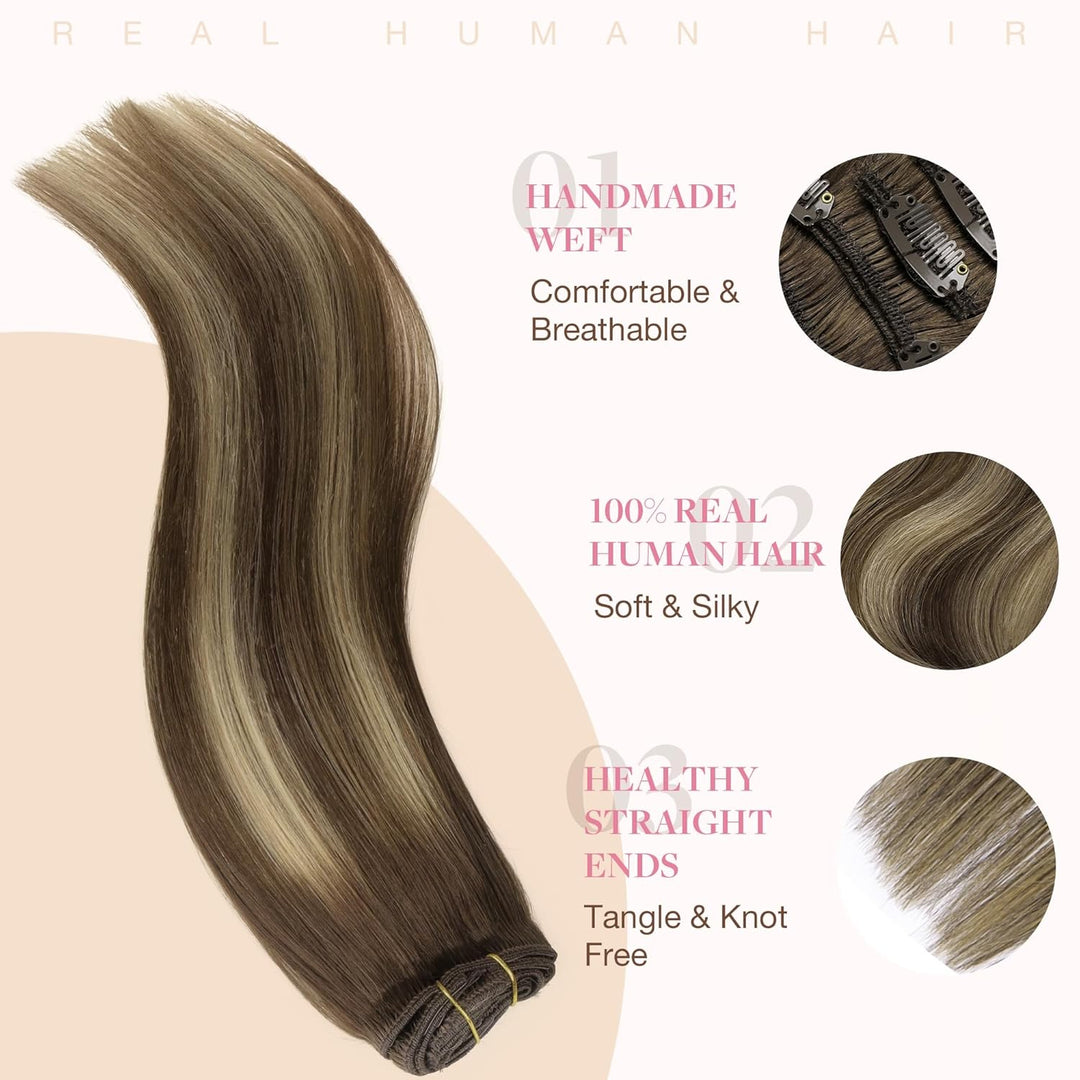 GOO GOO Clip in Extensions Echthaar, Echthaar Extensions Clip, 35cm 120g 7pcs, Extensions Echthaar,