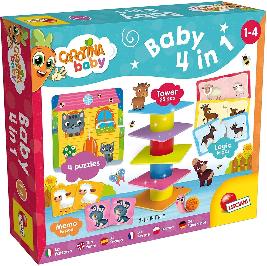 Lisciani - CAROTINA BABY - 4-in-1 Lernspielset für Kinder von 1 bis 4 Jahren: Balancier-Turm, 4 Puzz