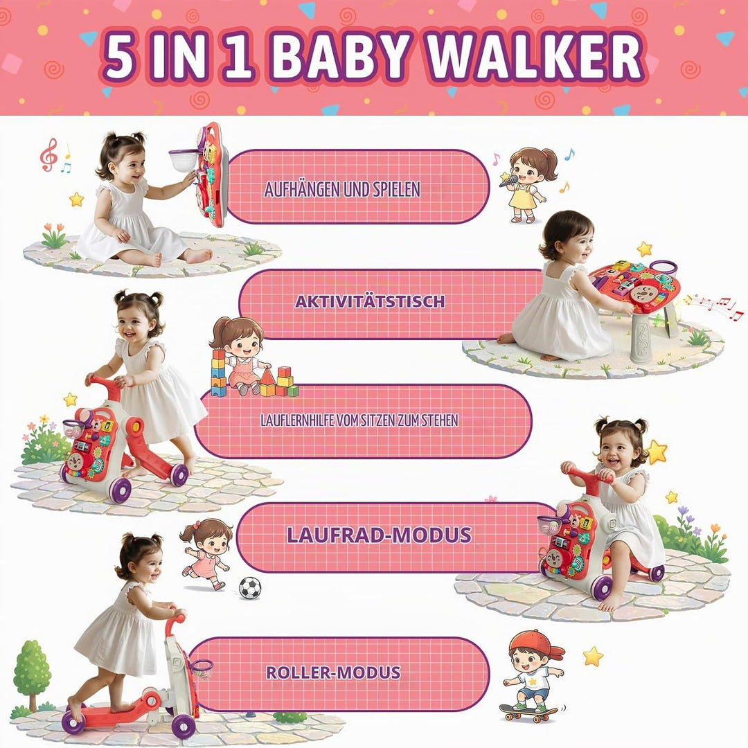 HYES 5 in 1 Lauflernwagen, Baby Spiel und Lauflernhilfe mit Musik und Abnehmbarem Spielboard, Laufwa