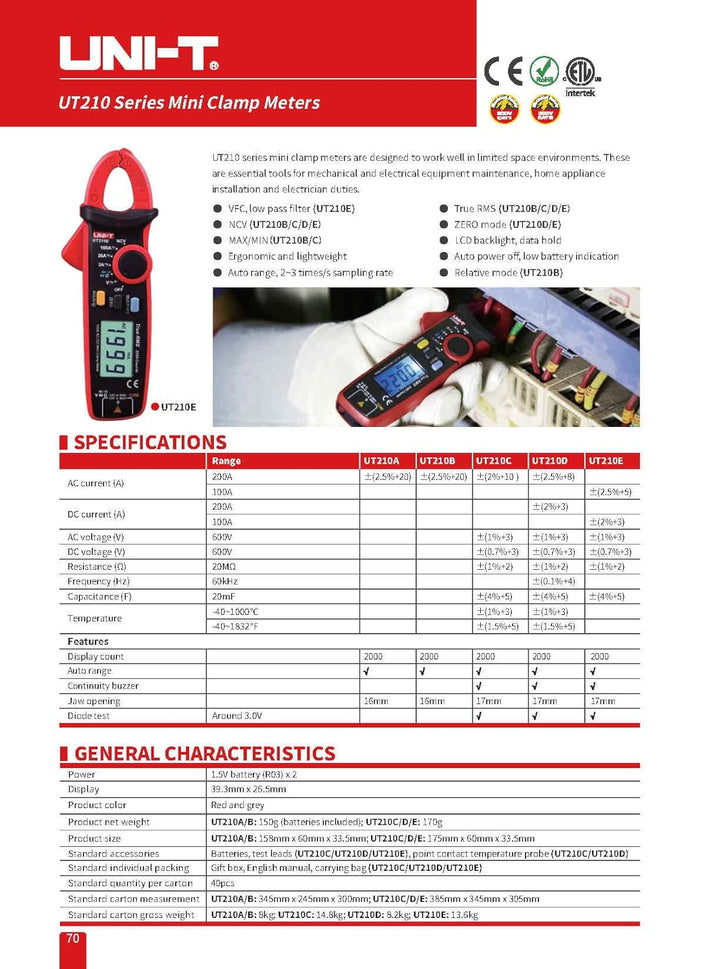 UNI-T UT210B Clamp Meter Digital Pliers Ammeter Voltmeter Professional Electrician Tester Multimeter