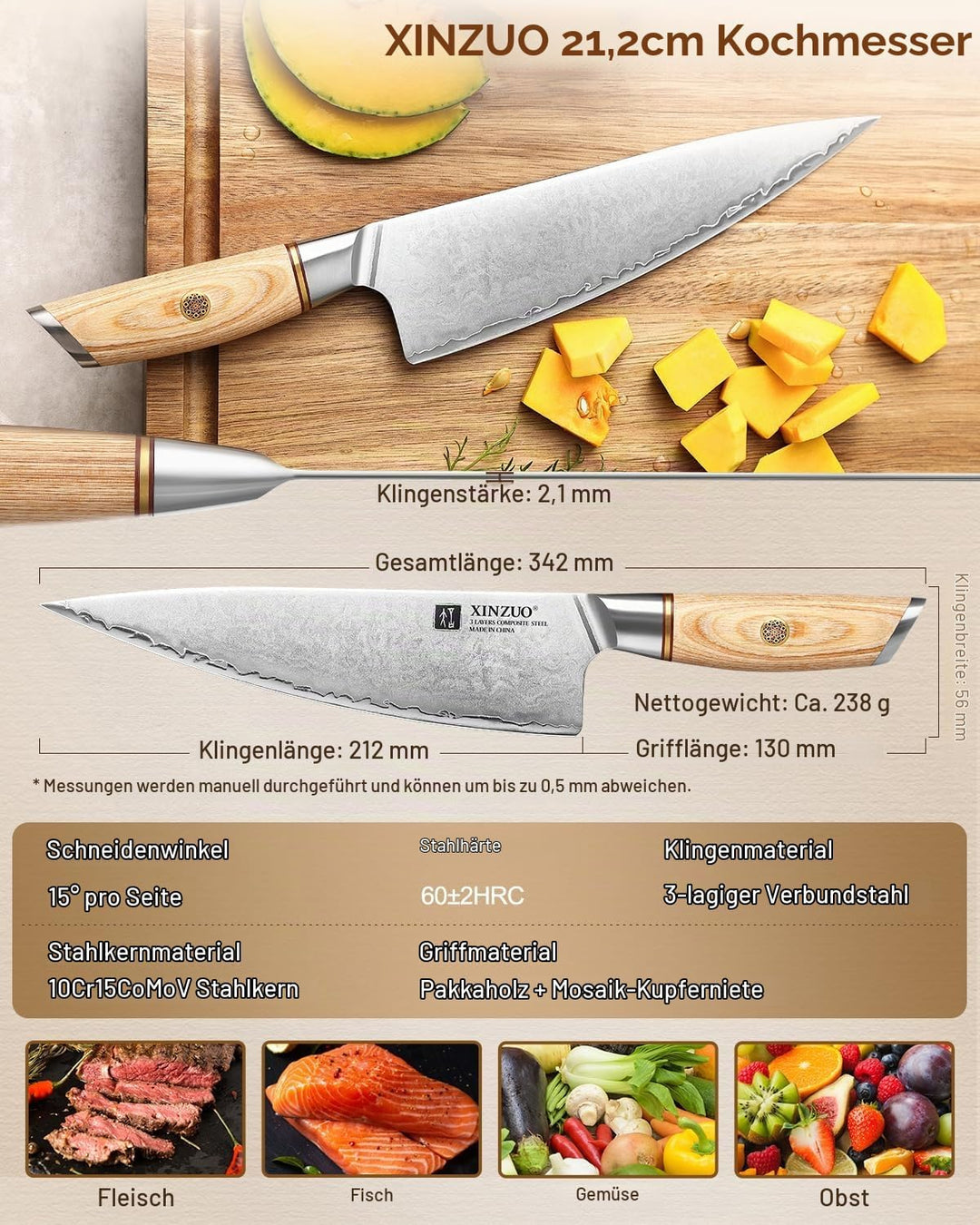 XINZUO 21.2cm Kochmesser Verbundstahl 10Cr15CoMoV, Profi Chefmesser Edelstahl Küchenmesser 3 Schicht