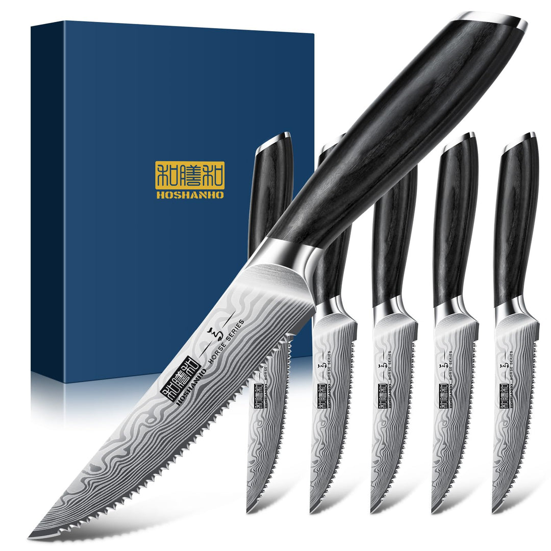 HOSHANHO 6-Teilig Steakmesser-Set, 11,5 cm Steakmesser Set mit Japanischer Wellenschliffklinge, Ultr