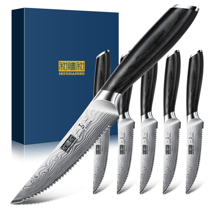 HOSHANHO 6-Teilig Steakmesser-Set, 11,5 cm Steakmesser Set mit Japanischer Wellenschliffklinge, Ultr