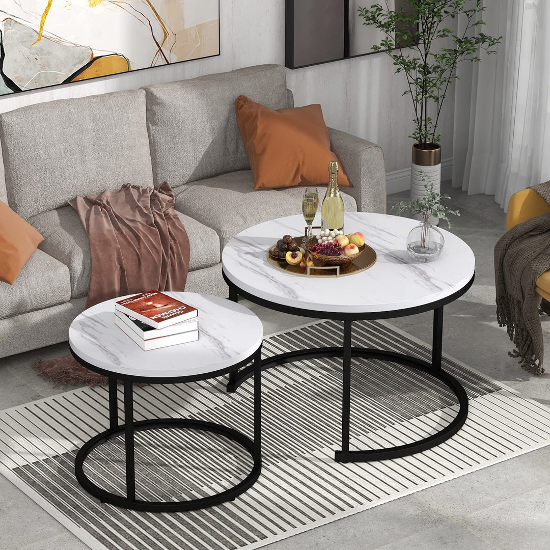 Merax Rund Couchtisch Set, 2-in-1 Nesting Couchtisch Satztisch, mit Marmormuster, Metallgestell, für