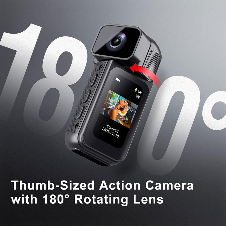 Mini Action Cam Bodycam mit 32GB Speicherkarte, 180° Drehbarer Objektiv 1.47&