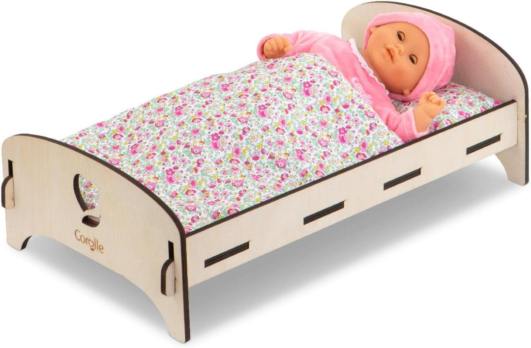 Corolle 9000141370 - Mon Grand Poupon Holzbett, Holzbett mit Kissen und Decke für alle 30-36cm Puppe