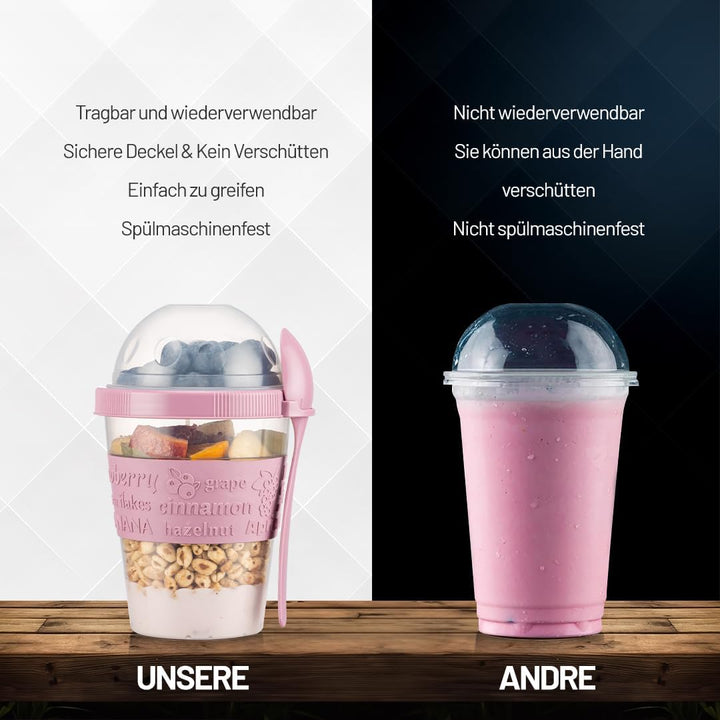 Müslibecher to go mit Löffel, 4er SET 600ml, Praktischer Joghurtbecher to go, Wiederverwendbarer Müs