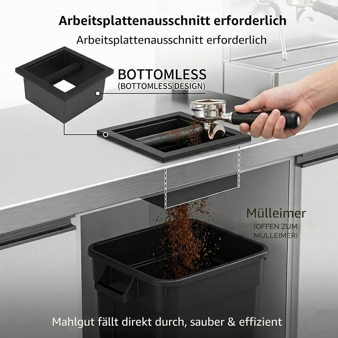 Kaffeesatz-Ausklopfbox, quadratisch, bodenlos, schwarze Gummi-PTFE-Stahlbox mit Kaffee-Tamping-Stati