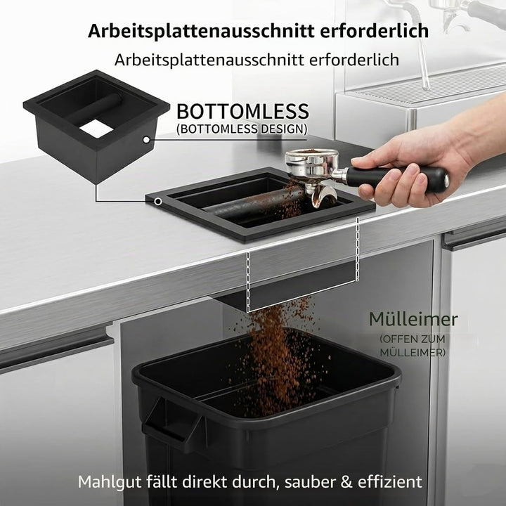 Kaffeesatz-Ausklopfbox, quadratisch, bodenlos, schwarze Gummi-PTFE-Stahlbox mit Kaffee-Tamping-Stati