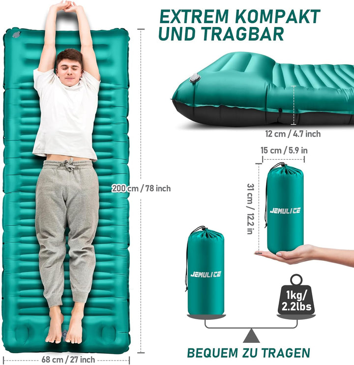 JEMULICE Isomatte Selbstaufblasend, 12CM Hoch Luftmatratze Camping Kleines Packmass, Aufblasbare Mat