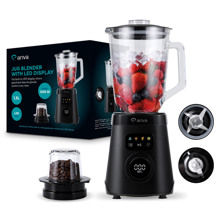 ARIVA Standmixer 1000W mit 1,5L Glasbehälter & Kaffeemühle, Smoothie Maker & Ice Crusher mit LED-Tou
