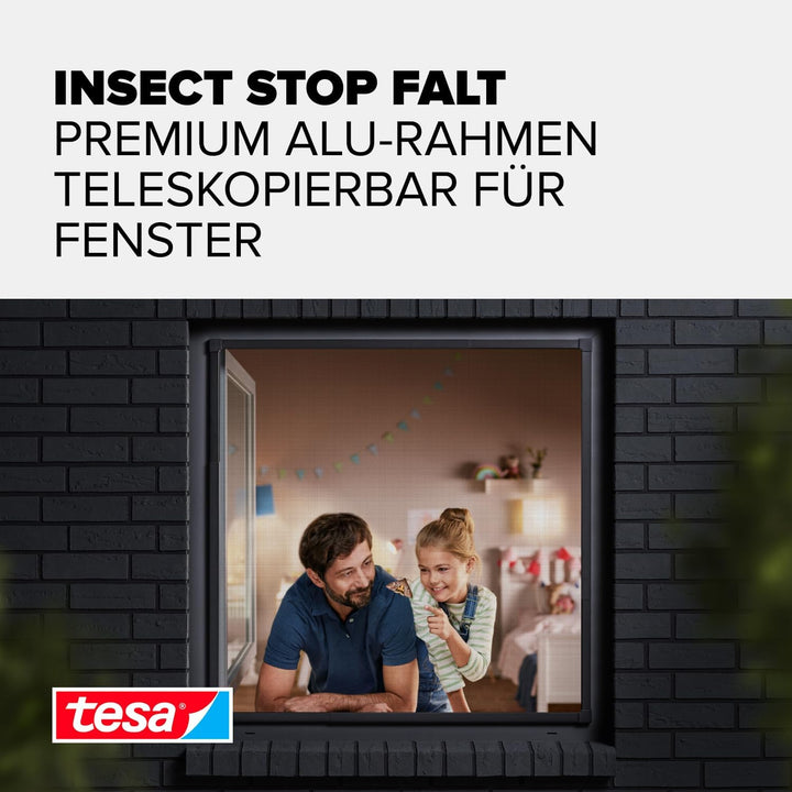 tesa Insect Stop FALT Fenster - Faltbarer Alu-Rahmen - Fliegengitter mit verstellbarem Teleskoprahme
