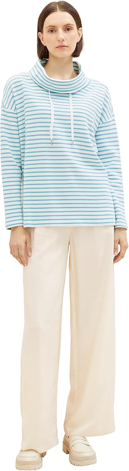 TOM TAILOR Damen Sweatshirt mit Schalkragen XL 34069 - Offwhite Teal Stripe, XL 34069 - Offwhite Tea