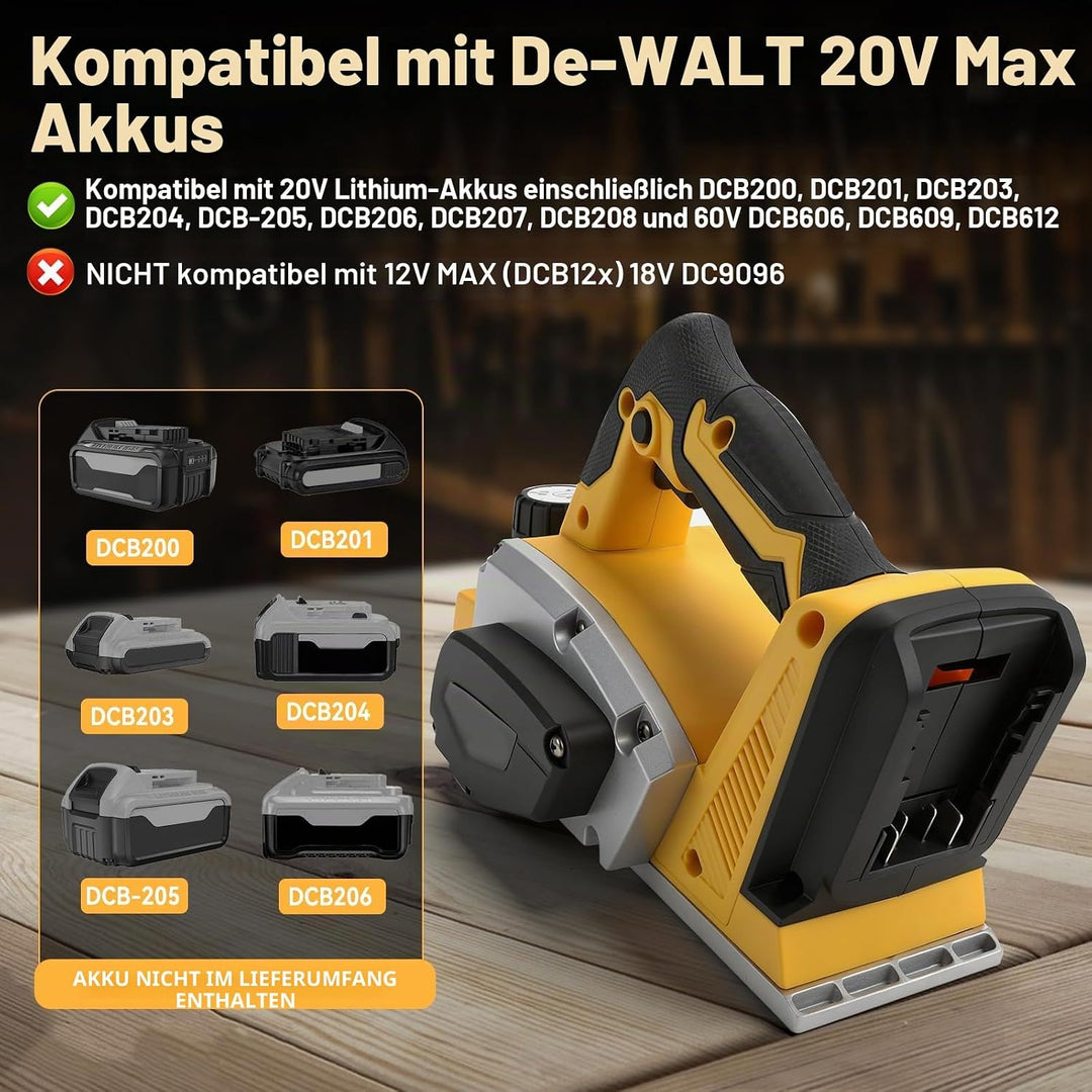 Akku-Handhobel für DEWALT 18V 20V Akkus, 15000 U/min bürstenloser elektrischer Holzhobel mit 82 mm S