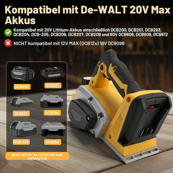 Akku-Handhobel für DEWALT 18V 20V Akkus, 15000 U/min bürstenloser elektrischer Holzhobel mit 82 mm S