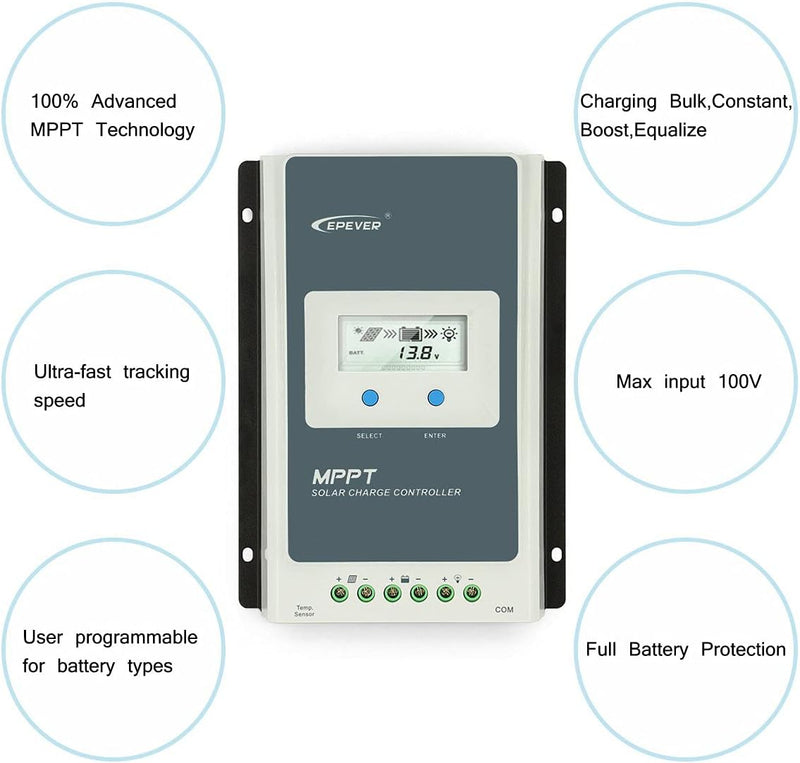 EPEVER 30A MPPT Solar Laderegler 12V 24V DC Automatisch Identifizierung mit LCD-Display Hintergrundb