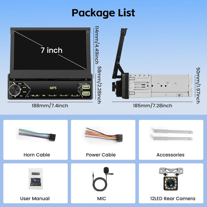 Hikity Autoradio 1 Din Bluetooth Bildschirm 7 Zoll Touch Ausfahrbarem Display Auto Radio mit Rückfah