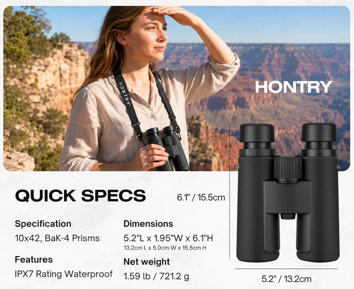 Hontry 10x42 Fernglas für Erwachsene, Kompakte Ferngläser Wasserdicht für Vogelbeobachtung Konzert T