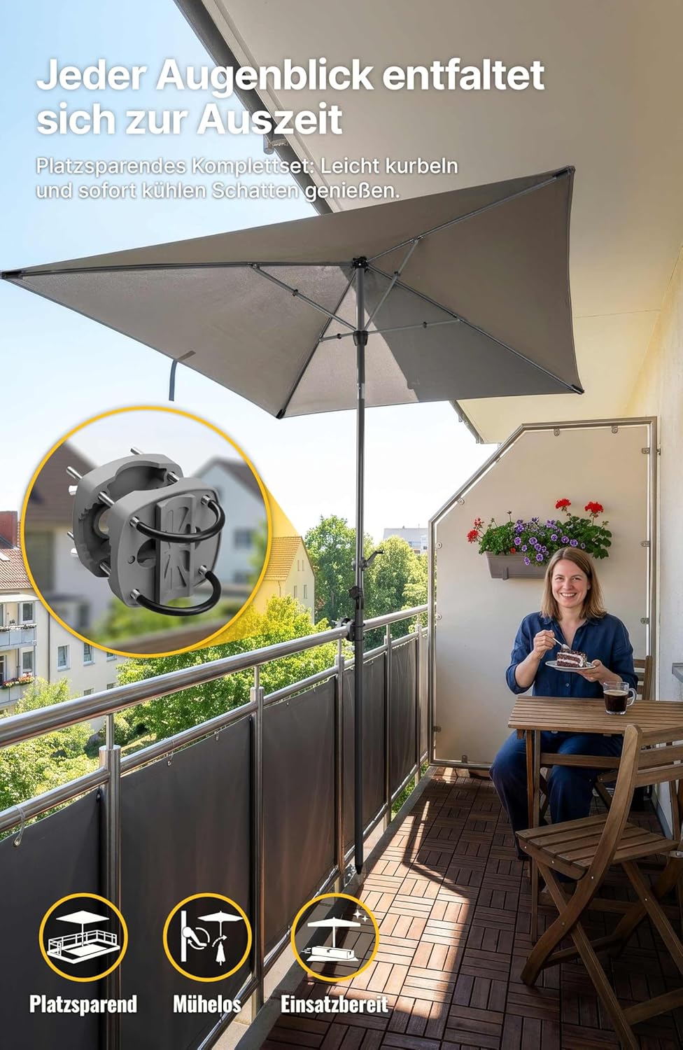 4smile SunnyShade Sonnenschirm Balkon mit Halterung im 3-er-Set, UV 50+, 200x125 cm, Anthrazit, Balk