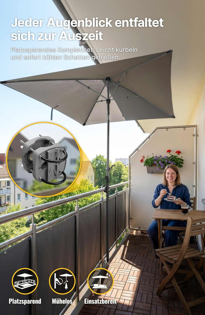 4smile SunnyShade Sonnenschirm Balkon mit Halterung im 3-er-Set, UV 50+, 200x125 cm, Anthrazit, Balk