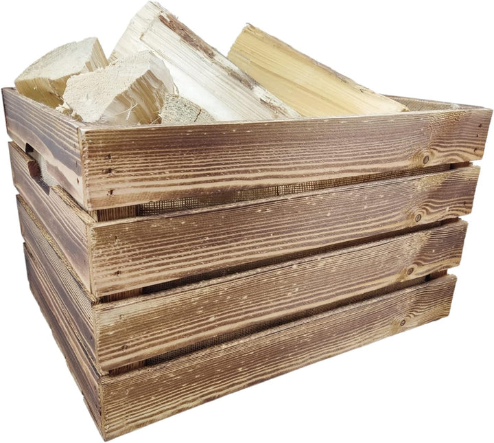 Rustikale KAMINHOLZKISTE mit Griffen"Zündstoff" Kaminholzkorb aus Holz Brennholzträger Vintage Kiste