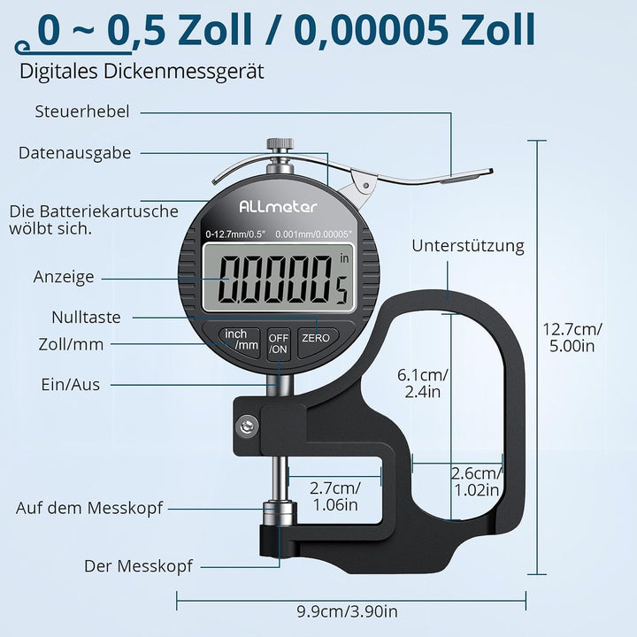 Digitales Dickenmessgerät 0-12,7mm, 0,001mm/0,00005'' Präzisions-LCD Messgerät für Leder, Papier, St