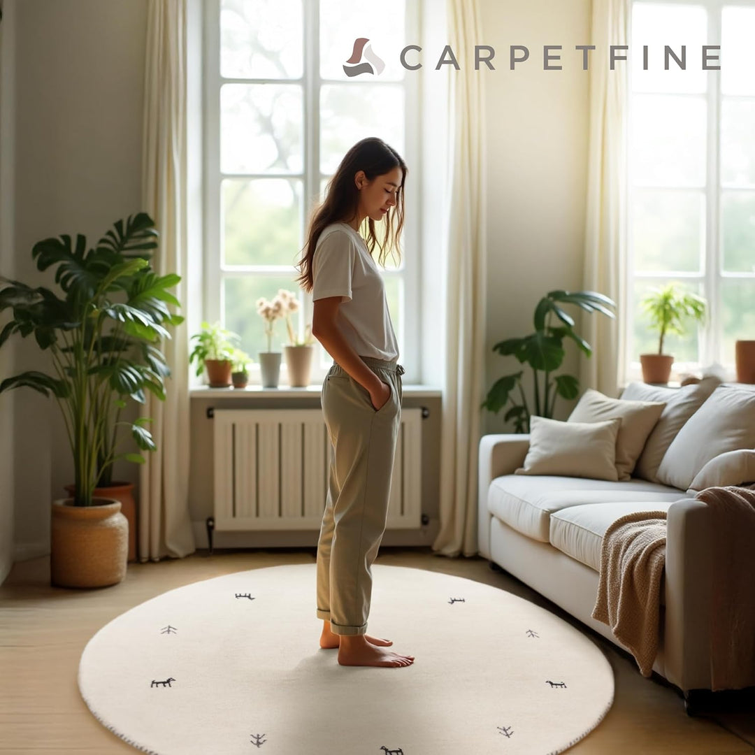 carpetfine Wollteppich Gabbeh Uni Rund Weiss Ø 80 | Moderner Teppich für Wohn- und Schlafzimmer Ø 80