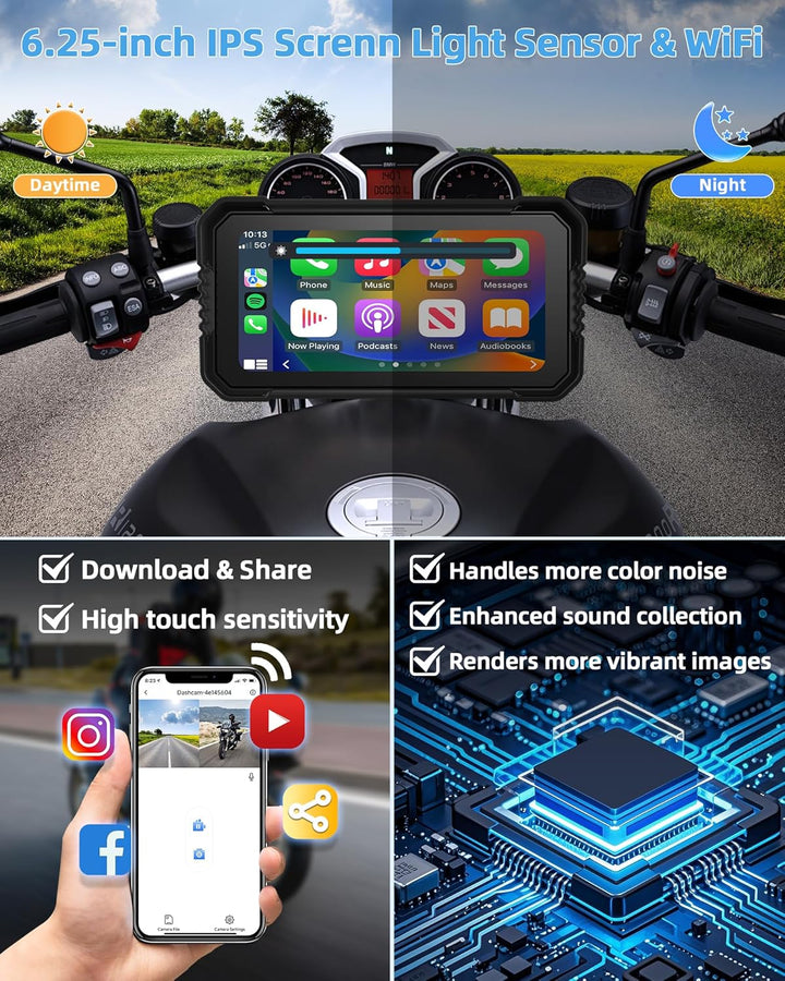 4K Motorrad CarPlay Android Auto mit Dashcam Vorne Hinten, 6,25 Zoll Carplay Bildschirm GPS Dashcam