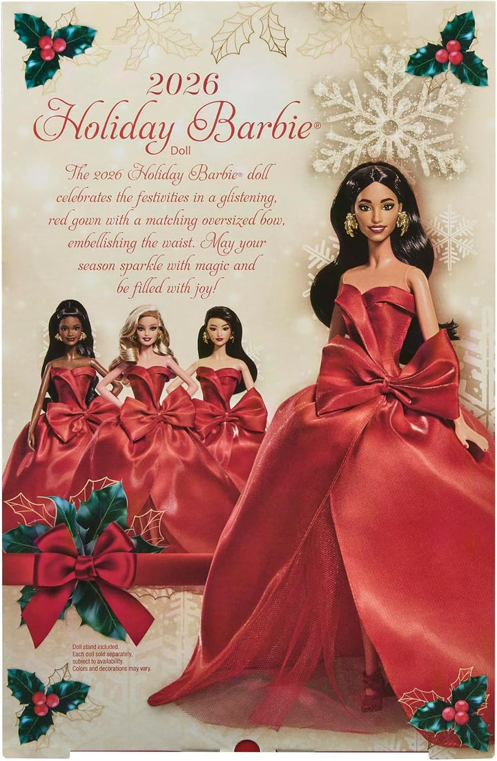 Barbie Signature Puppe, Holiday 2026, braunhaarige Modepuppe | mit Schleifenkleid in Rot, saisonale