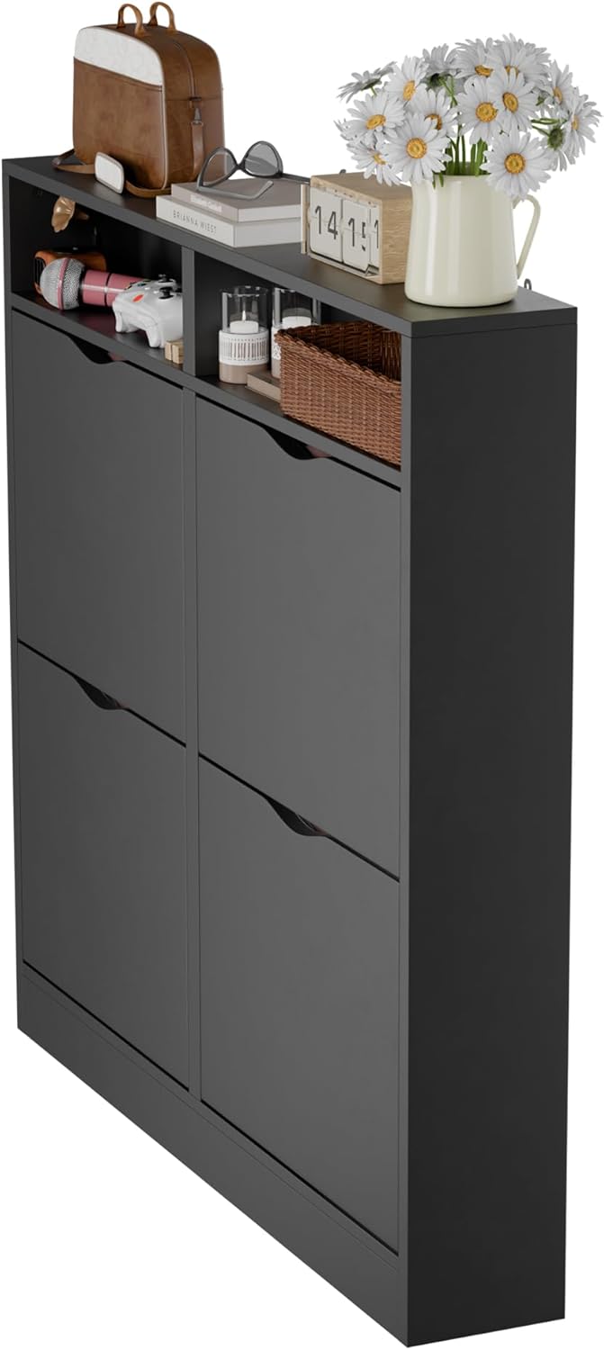 ELUCHANG Schuhschrank schmal mit 4 Klappen Platzsparender, Geschlossen Schuhregal Schuhkipper Schuhk