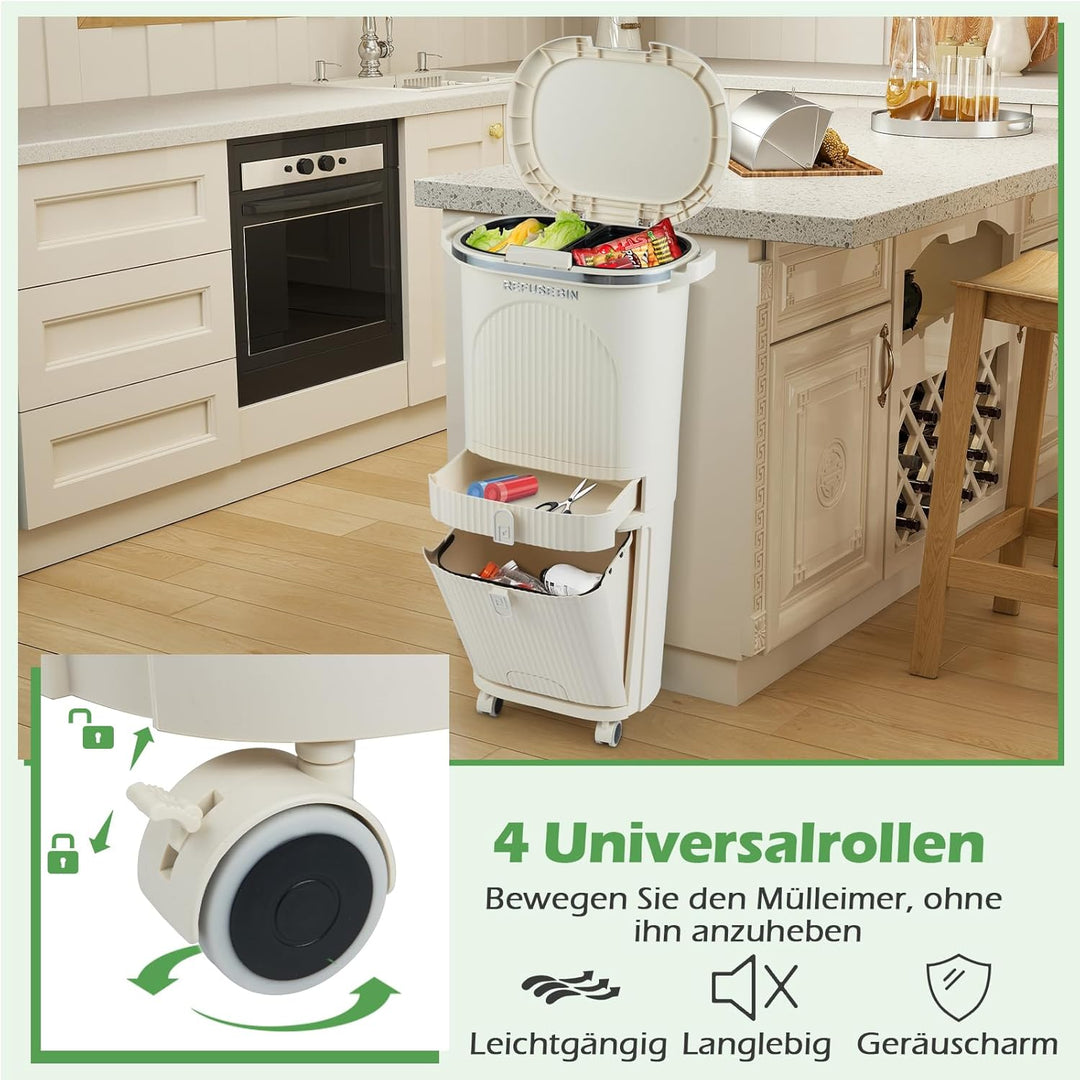 COSTWAY Mülleimer Küche, Mülltrennsystem 3 Fächer, 2 x 12L Inneneimer & 14L Treteimer, Abfalleimer m