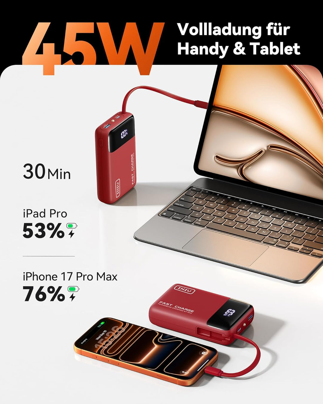 INIU 45W Power Bank, Ultra Klein 20000mAh Powerbank mit Integriertem USB C Kabel, Schnellladen Exter