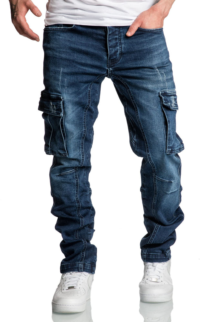 Amaci&Sons Herren Cargo Jeans Regular Slim Denim Hose Destroyed 7977 32W / 34L Dunkelblau, 32W / 34L
