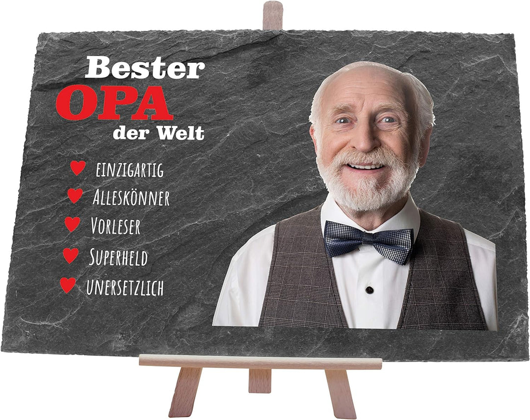 wandmotiv24 Schiefertafel Bester Opa mit Holz-Staffelei, Personalisiert mit Farb-Foto, Digitaldruck,
