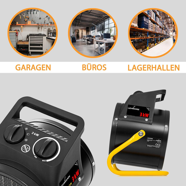 Lehmann Heizlüfter Thermoventilator Elektrischer für Schnelle Erwärmung | 3000 W | 3 Leistungsstufen