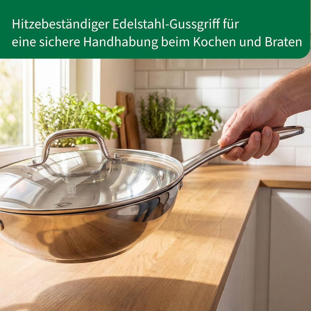FACKELMANN Chefkoch trifft Wok Rosenheim – Ø28 cm, Glasdeckel inkl. Dampföffnung und Aluminiumkern,