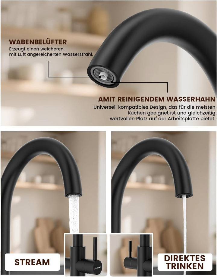DAYONE Schwarz 3-Wege Wasserhahn für Küche, Trinkwasserhahn mit 2 Hebel, 360° Drehbar Küchenarmatur
