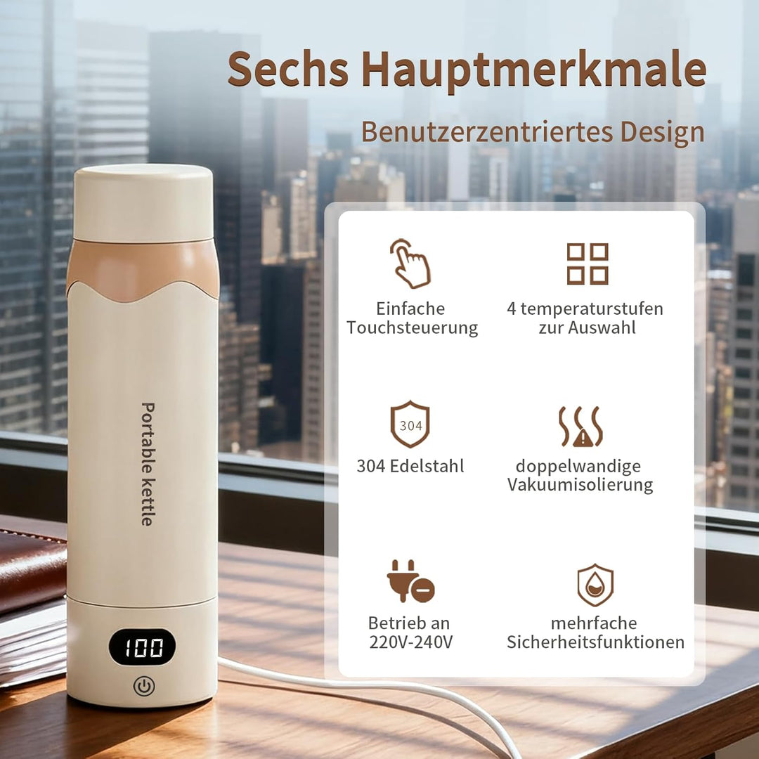 450 ml Reisewasserkocher Klein mit 4 Temperatureinstellungen, Doppelschicht 304 Edelstahl, 6 Stunden