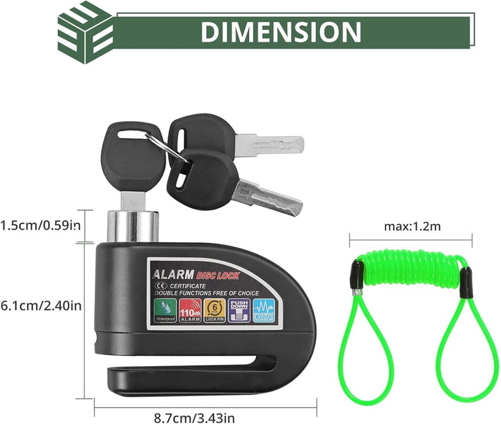 EYPINS Bremsscheibenschloss Motorrad Alarm 110dB, Scheibenschloss Motorradschloss mit 1,2m Erinnerun